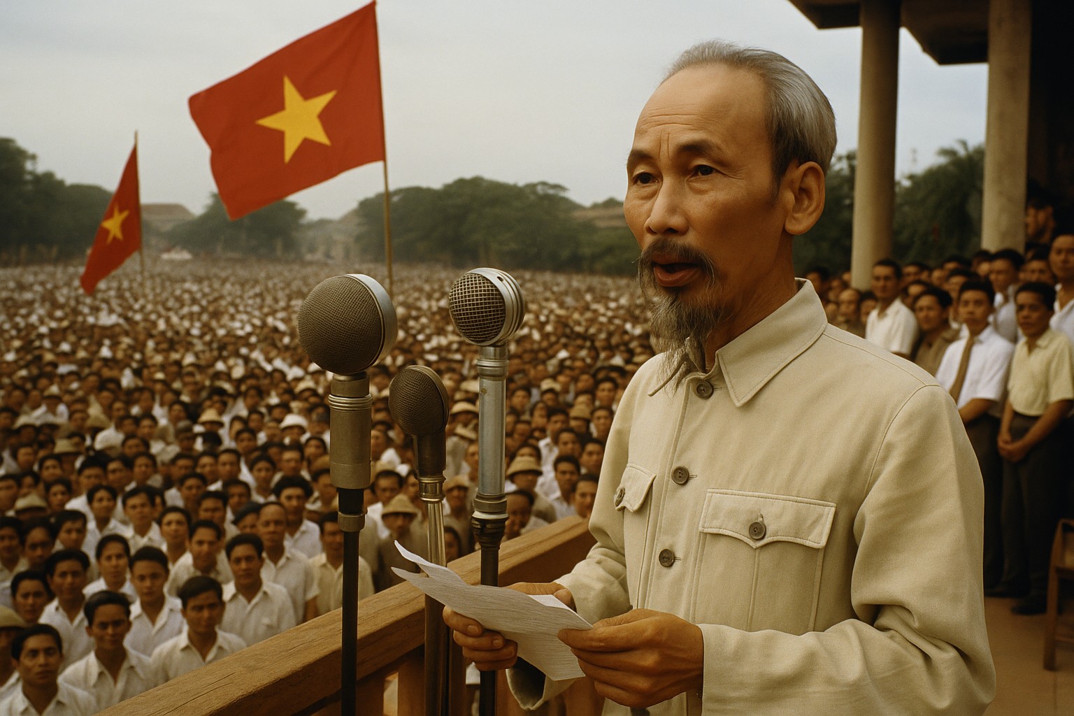 Ho Chi Minh spricht am 2. September 1945 auf einem Podium in der Ba-Đình-Platz in Hanoi, vor einer Menschenmenge, mit vietnamesischen Fahnen und Bannern im Hintergrund.