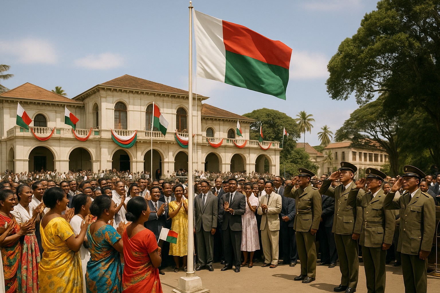 Eine historische Szene in Antananarivo 1960: Menschen jubeln, während die madagassische Flagge vor einem kolonialen Gebäude gehisst wird; Frauen in bunten Lambas, Männer in Anzügen und Soldaten salutieren.