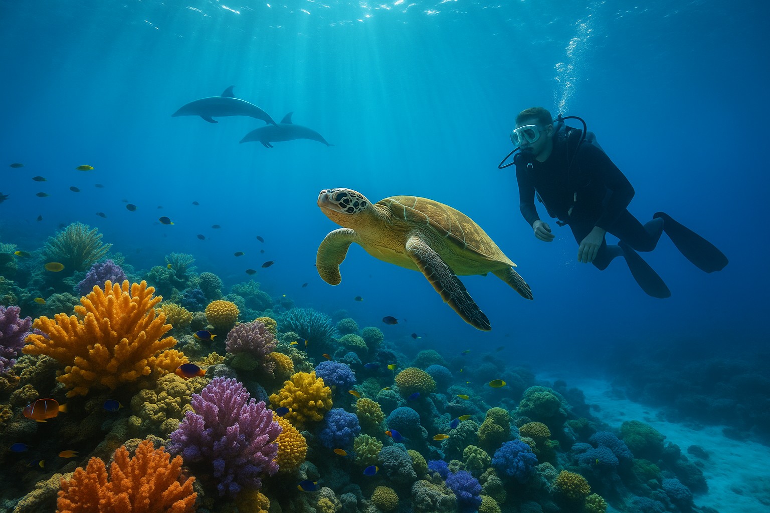 Ein Unterwasserfoto zeigt einen Taucher neben einer grünen Meeresschildkröte, die über bunten Korallen schwimmt; im Hintergrund gleiten zwei Delfine durch das klare Wasser.