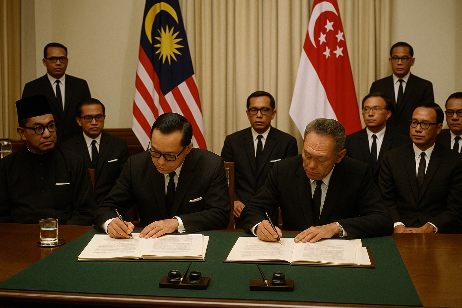 Historische Szene von 1965, in der führende Politiker Malaysias und Singapurs an einem langen Tisch sitzen und die Dokumente zur Trennung unterzeichnen. Hinter ihnen stehen Beamte, und die Flaggen beider Länder sind sichtbar.