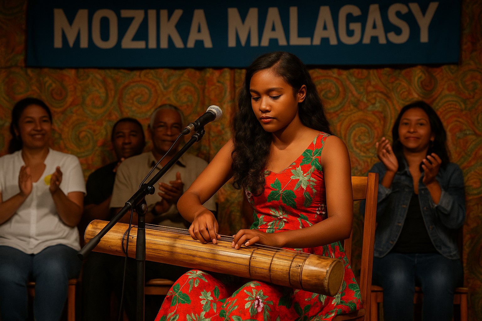 Eine junge madagassische Musikerin spielt die traditionelle Valiha aus Bambus auf einer kleinen Bühne; sie trägt ein buntes Kleid, während das Publikum klatscht und ein Banner „Mozika Malagasy“ im Hintergrund hängt.