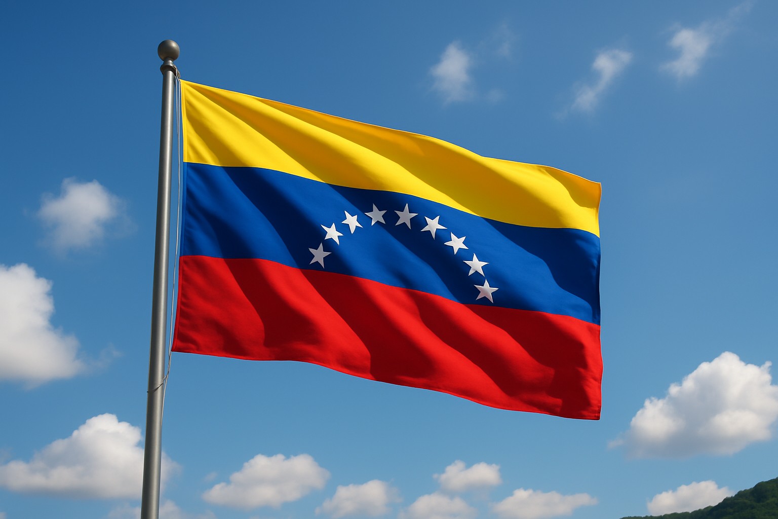 Ein realistisches Foto zeigt die venezolanische Flagge mit acht weißen Sternen, die an einer hohen Fahnenstange im Wind weht. Der Himmel ist klar blau mit einigen weißen Wolken.

