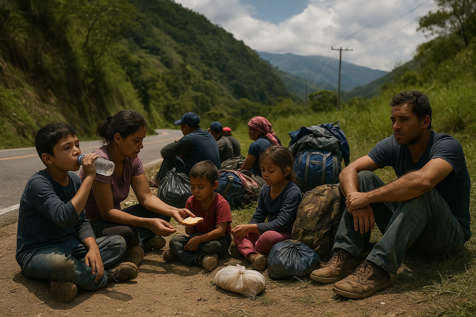 Ein realistisches Foto zeigt eine Gruppe venezolanischer Migranten, die am Straßenrand einer Bergstraße ruht. Kinder und Erwachsene sitzen erschöpft auf dem Boden, umgeben von Taschen und Plastikbeuteln. Eine Frau teilt ein Stück Brot mit einem Kind, während ein anderer Junge Wasser trinkt.

