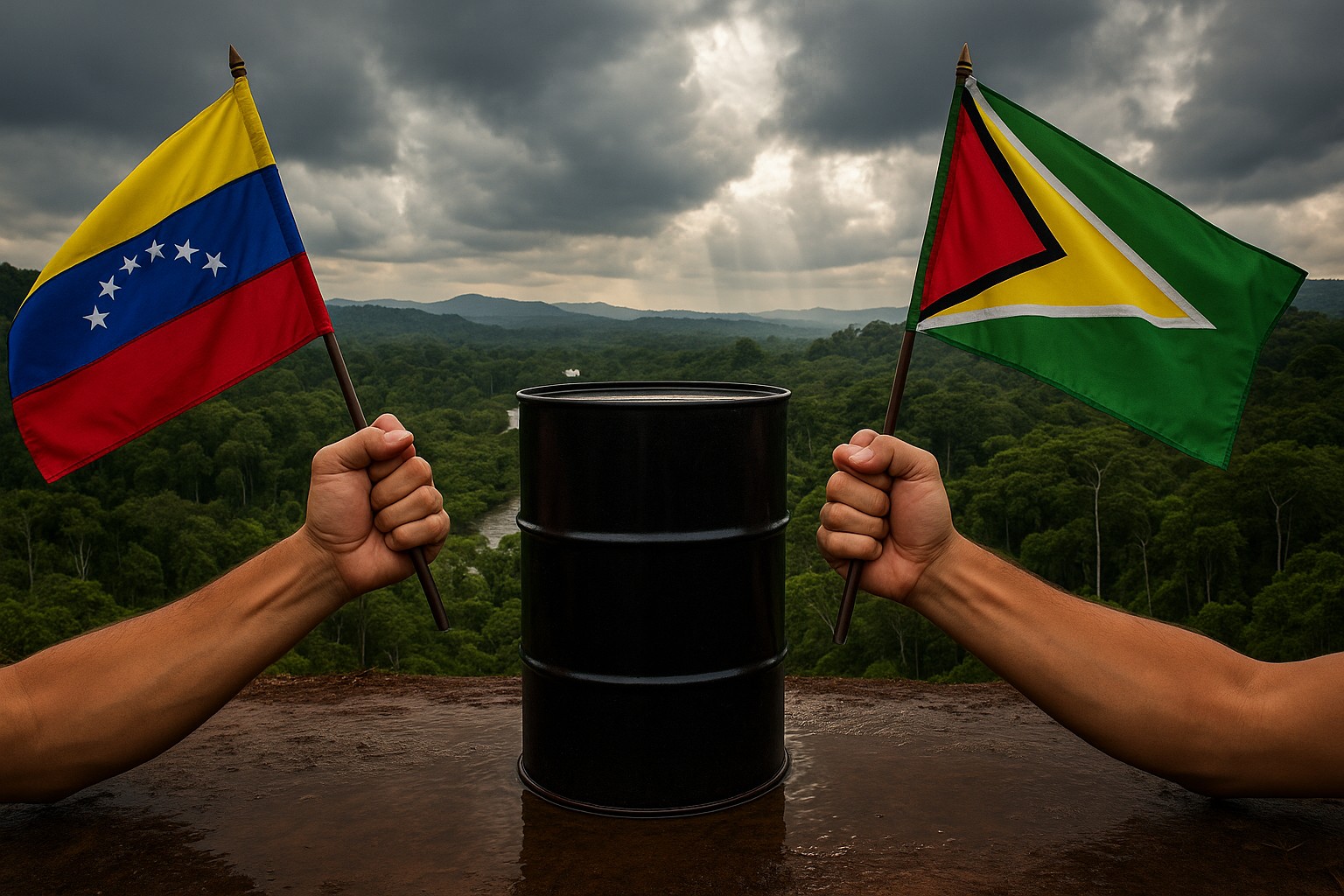 Ein realistisches Foto zeigt zwei erhobene Fäuste, die fest Fahnenstangen halten: links die venezolanische Flagge, rechts die Flagge Guyanas. Zwischen ihnen steht ein schwarzes Ölfass, dahinter dichter tropischer Regenwald unter dramatisch bewölktem Himmel.
