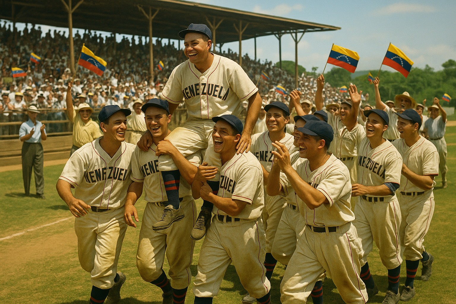 Ein historisch koloriertes Foto zeigt die venezolanische Baseballmannschaft von 1941, die nach ihrem Sieg gegen Kuba jubelnd über das Spielfeld läuft. Ein Spieler wird von seinen Teamkameraden auf den Schultern getragen, während im Hintergrund Zuschauer venezolanische Fahnen schwenken.
