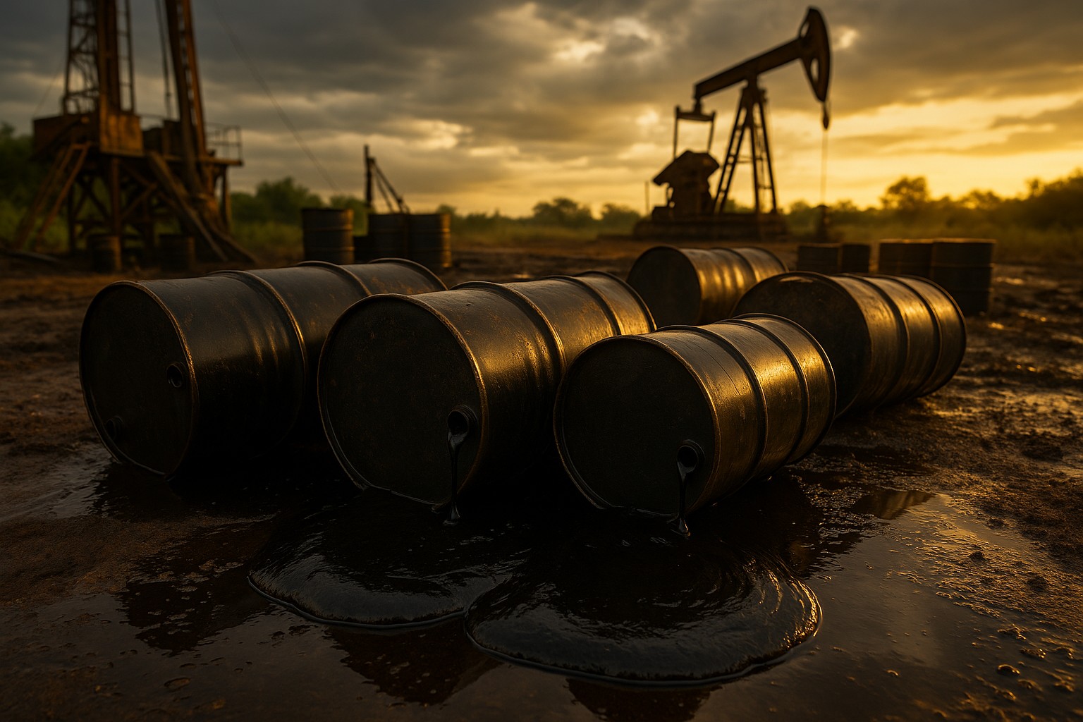 Mehrere schwarze Ölfässer liegen im Orinoco-Gebiet umgestürzt, aus ihnen tropft dickflüssiges, schwarzes Rohöl und bildet zähe Pfützen auf dem Boden, während im Hintergrund alte Bohrtürme bei Sonnenuntergang zu sehen sind.
