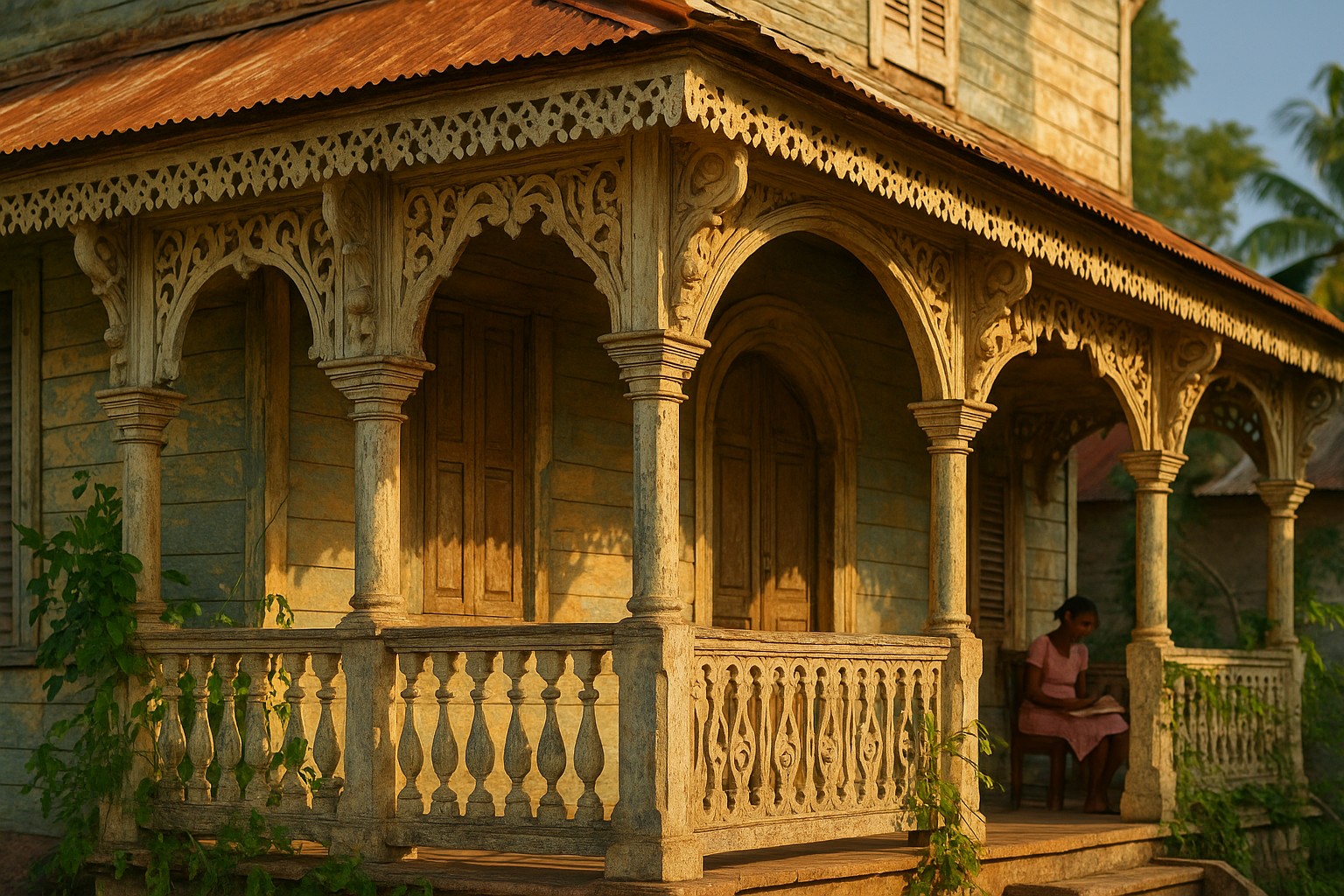 Detailaufnahme eines haitianischen Gingerbread-Hauses aus dem 19. Jahrhundert mit kunstvoll geschnitzter Holzveranda, Bögen und Zierleisten, im warmen Morgenlicht; eine Frau sitzt auf der Veranda und liest.
