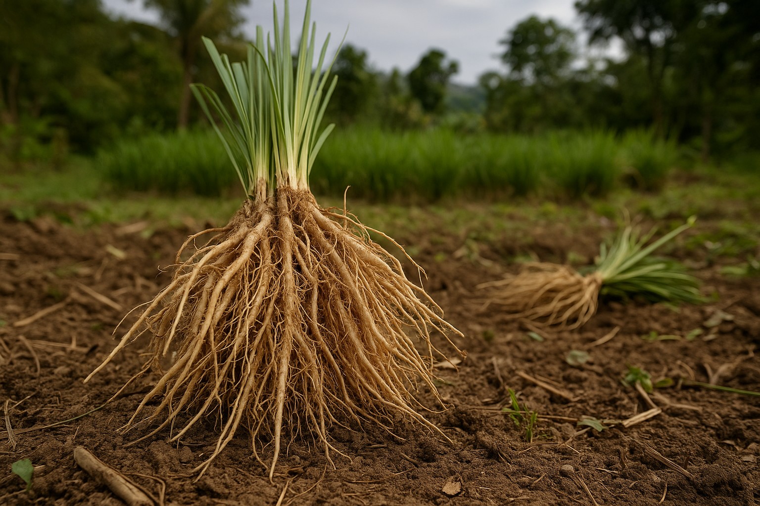 Frisch ausgegrabene Vetiverwurzeln in einem haitianischen Feld, mit langen, faserigen Strängen voller Erde, im Vordergrund klar sichtbar; im Hintergrund grüne Vetiverpflanzen und tropische Bäume.
