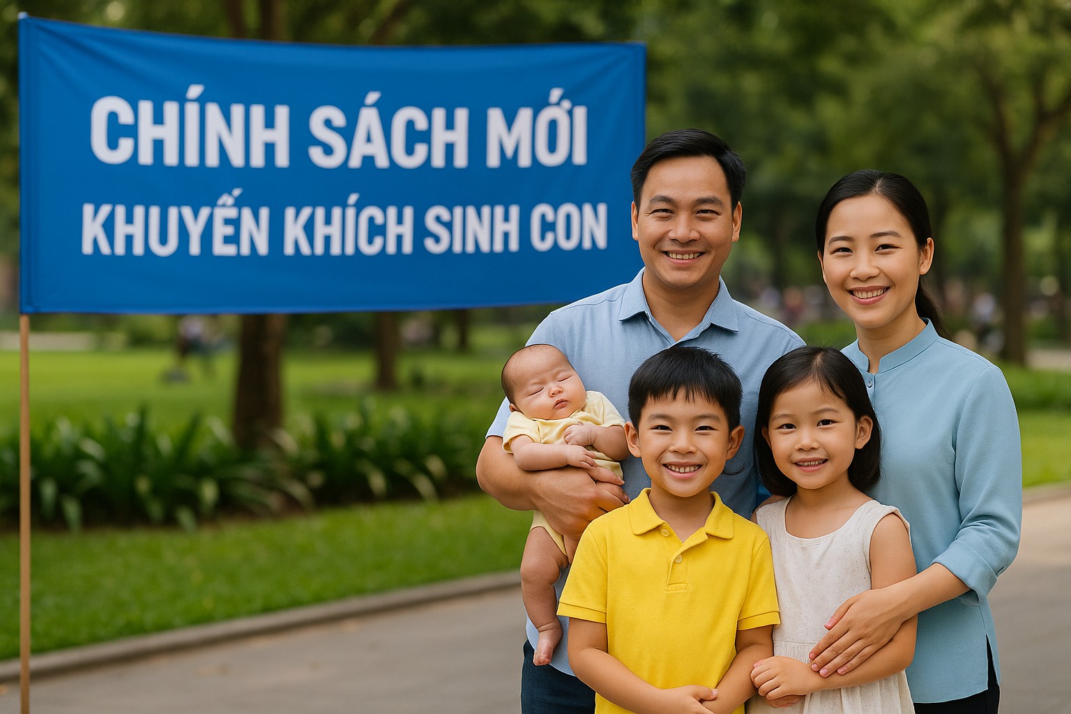 Eine vietnamesische Familie mit drei Kindern steht in einem Park, neben ihnen ein blaues Banner mit der vietnamesischen Aufschrift „Chính sách mới – Khuyến khích sinh con“.