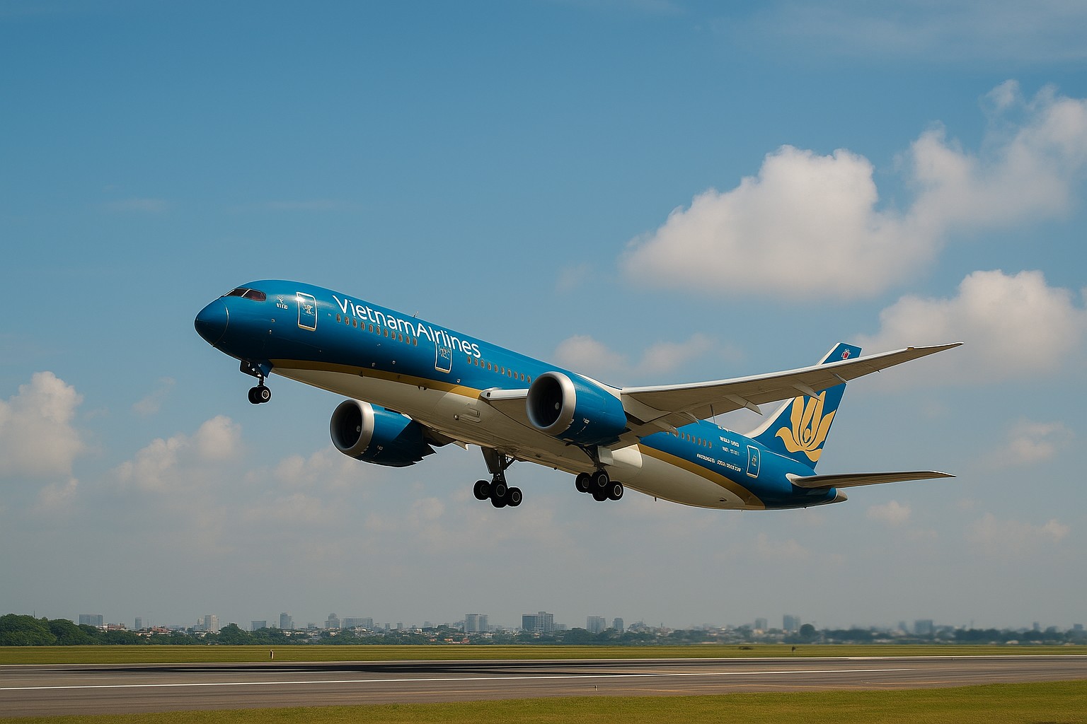 Ein hochauflösendes Foto zeigt eine Boeing 787 der Vietnam Airlines beim Abheben, mit deutlich sichtbarem goldenen Lotus-Logo am Heck, vor einem teils bewölkten Himmel.