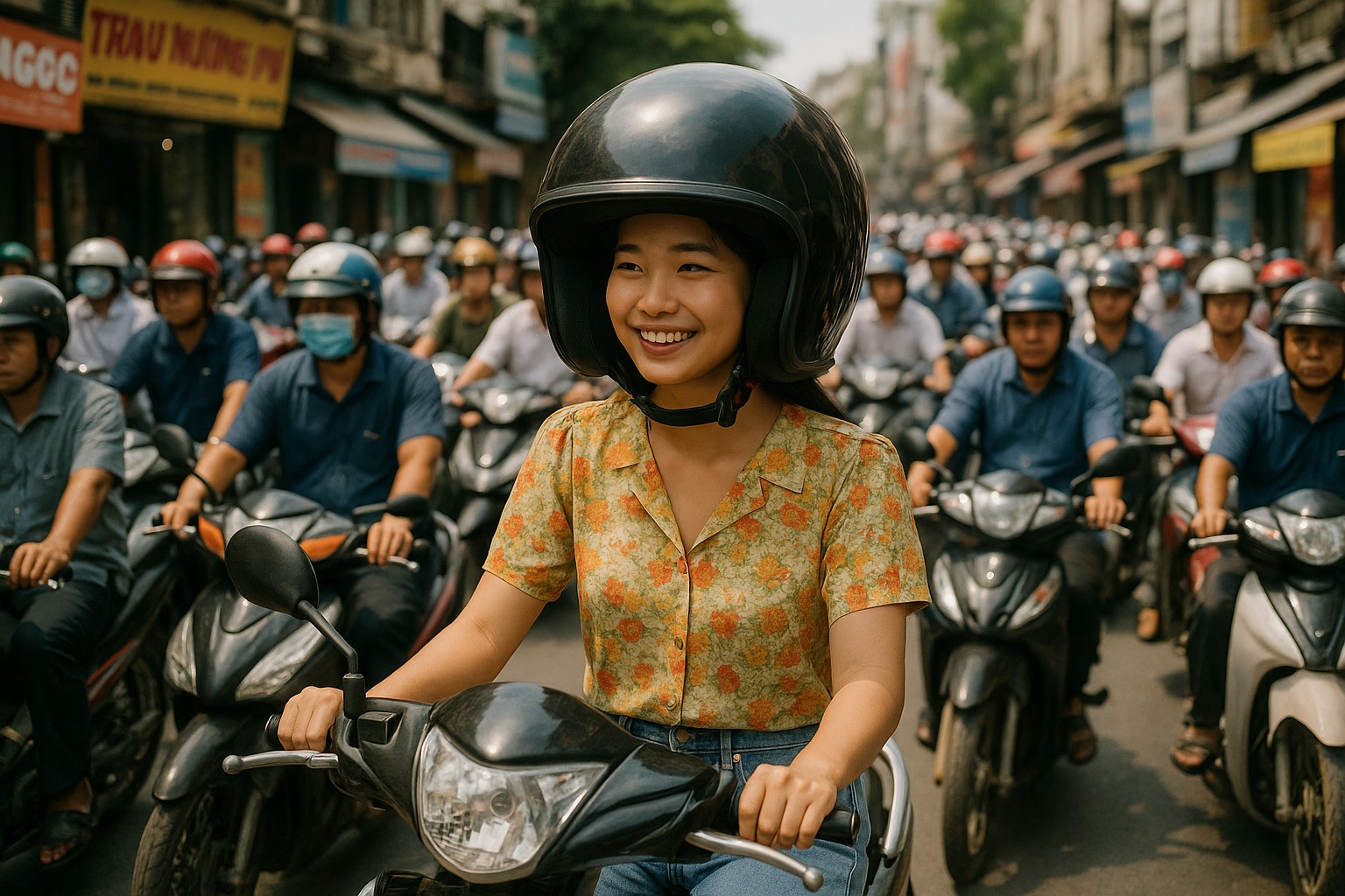 Eine junge Vietnamesin fährt auf einem Motorroller durch die überfüllten Straßen Hanois, mit einem übergroßen Helm und einem breiten Lächeln, umgeben von Hunderten anderer Fahrer.