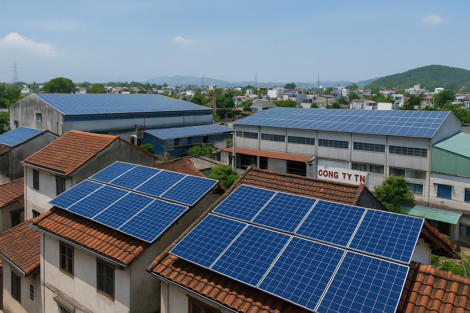 Dächer vietnamesischer Wohnhäuser und Fabrikhallen, die mit blauen Solarpanelen bedeckt sind, im Hintergrund grüne Hügel und eine städtische Landschaft unter blauem Himmel.