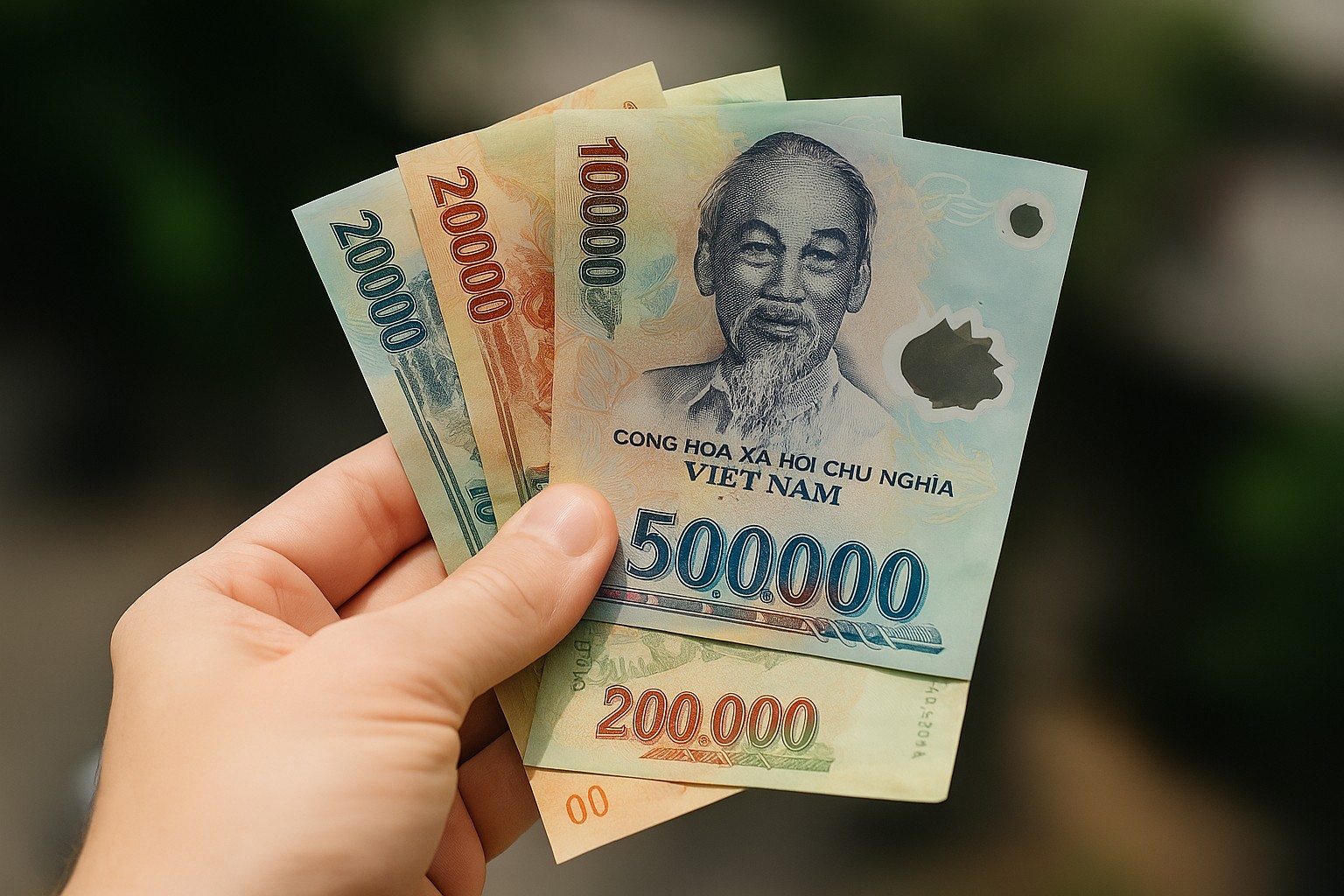 Eine Hand hält mehrere vietnamesische Banknoten, darunter 500.000, 200.000, 20.000 und 10.000 ₫, die fächerförmig ausgebreitet sind; die bunten Farben und der Porträtaufdruck von Hồ Chí Minh sind deutlich sichtbar.