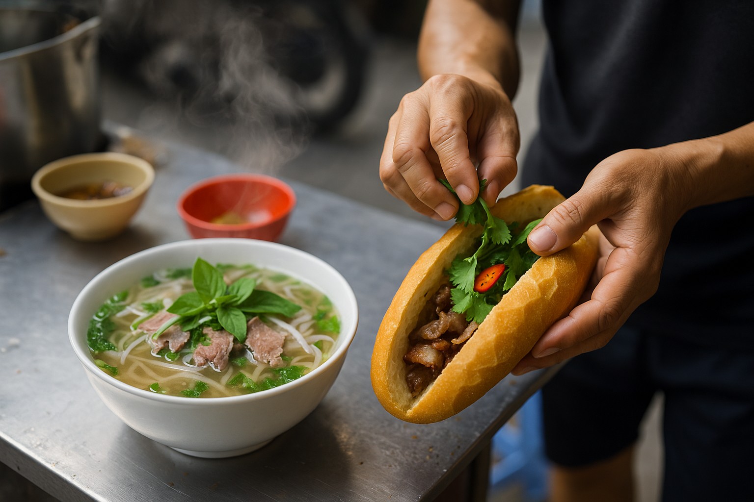 Ein realistisches Foto eines vietnamesischen Straßenverkäufers, der ein frisch zubereitetes Bánh Mì mit Koriander und Chili füllt. Daneben steht eine dampfende Schale Phở mit frischen Kräutern. Im Hintergrund sind bunte Schüsseln und verschwommene Straßenszene zu sehen.