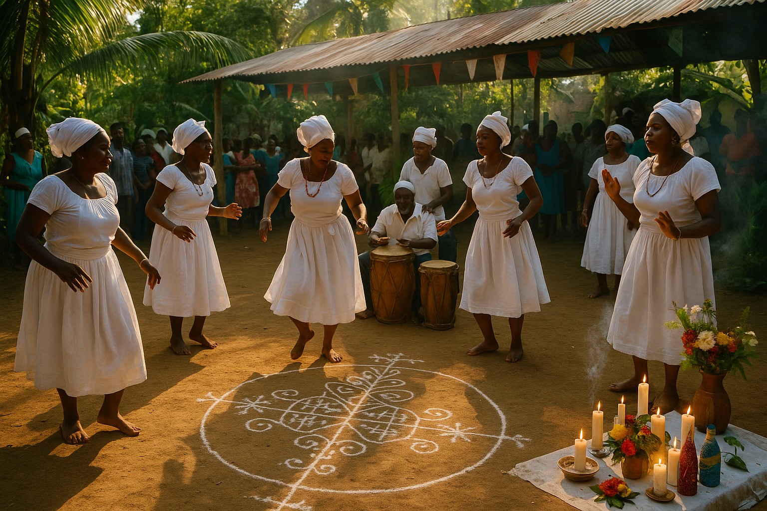 Haitianische Frauen in weißen Kleidern tanzen barfuß um ein Veve-Symbol im Sand, während Trommler im Hintergrund spielen und auf einem Altar Kerzen und Blumen brennen.
