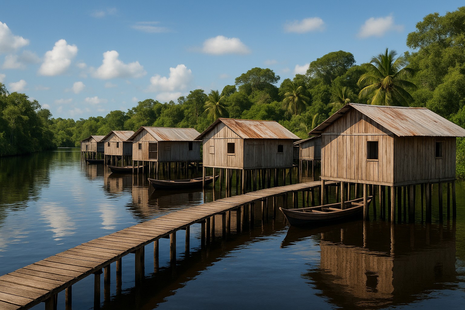 Ein hochrealistisches Foto zeigt eine traditionelle Warao-Pfahldorf-Siedlung im Orinoko-Delta in Venezuela. Mehrere Holzhäuser auf Stelzen stehen über dem ruhigen Wasser, verbunden durch schmale Holzstege, während kleine Boote am Ufer festgemacht sind.
