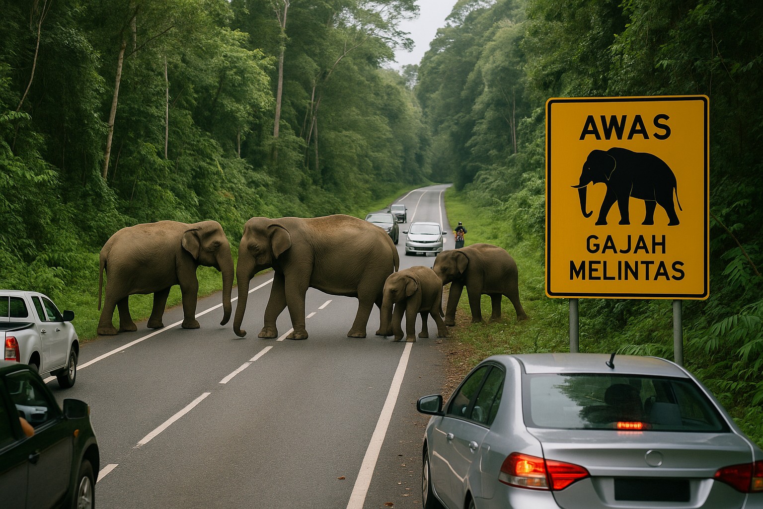 Eine Herde wilder asiatischer Elefanten blockiert eine Landstraße im Belum–Temengor-Regenwald, während Autos geduldig warten. Ein großes gelbes Schild mit der Aufschrift „AWAS – GAJAH MELINTAS“ warnt vor Elefantenüberquerungen.