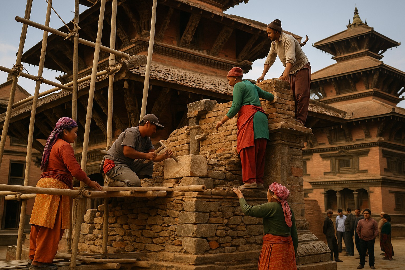 Nepalische Handwerker restaurieren bei Tageslicht einen beschädigten Pagodentempel in Bhaktapur, unterstützt von Bambusgerüsten, während Einheimische zuschauen.