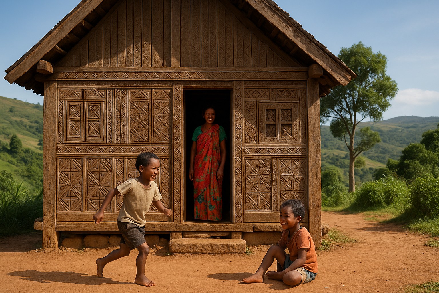 Ein traditionelles Zafimaniry-Holzhaus in Madagaskar mit kunstvoll geschnitzter Fassade aus geometrischen Mustern. Vor dem Haus spielen zwei barfüßige Kinder lachend, während eine Frau im farbenfrohen Lamba in der Tür steht und sie beobachtet.