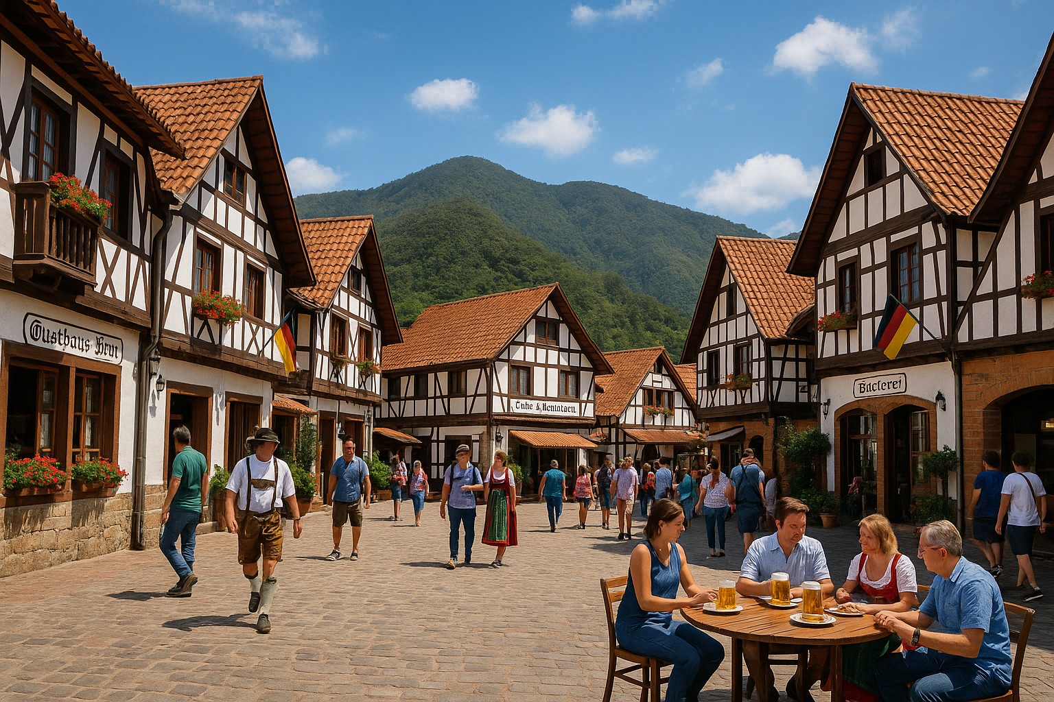 Ein hochrealistisches Foto zeigt den zentralen Platz von Colonia Tovar in Venezuela mit traditionellen Fachwerkhäusern im bayerischen Stil, roten Ziegeldächern, Blumen an den Balkonen und Menschen, die gemütlich durch die kopfsteingepflasterte Gasse schlendern oder in einem Straßencafé sitzen.
