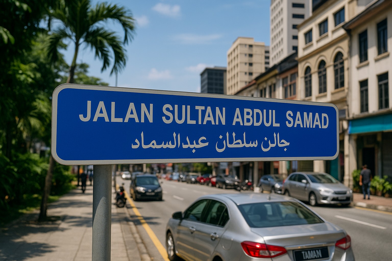 Straßenschild in Kuala Lumpur mit der Aufschrift „Jalan Sultan Abdul Samad“ in lateinischer Schrift und darunter in Jawi-Schrift, aufgenommen vor einem urbanen Hintergrund mit Autos, Gebäuden und Palmen.