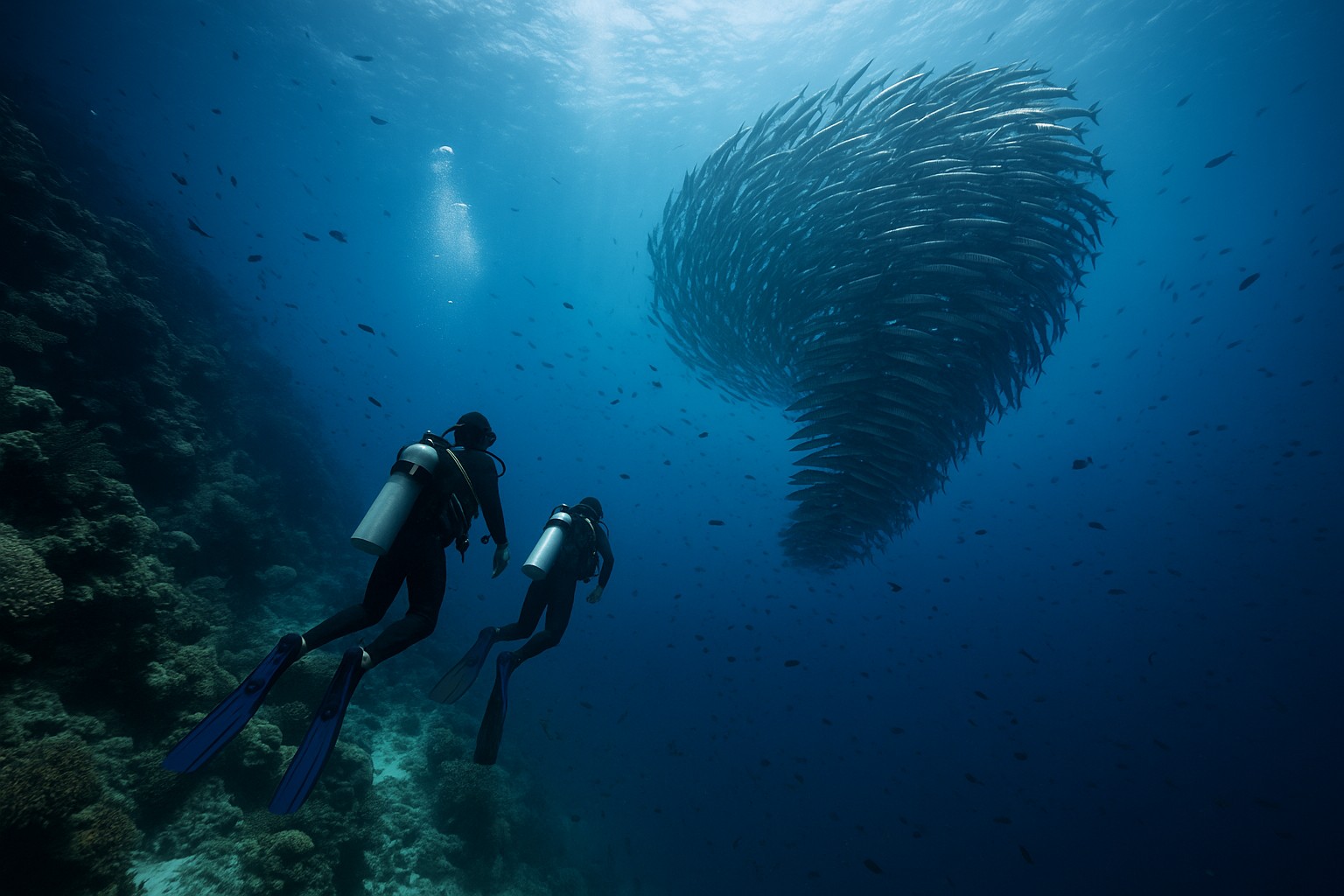 Unterwasseraufnahme vor Sipadan, Malaysia: Zwei Taucher beobachten einen riesigen Schwarm Barrakudas, der sich zu einem wirbelnden „Tornado“ formiert, während Sonnenstrahlen durch das klare blaue Wasser fallen.