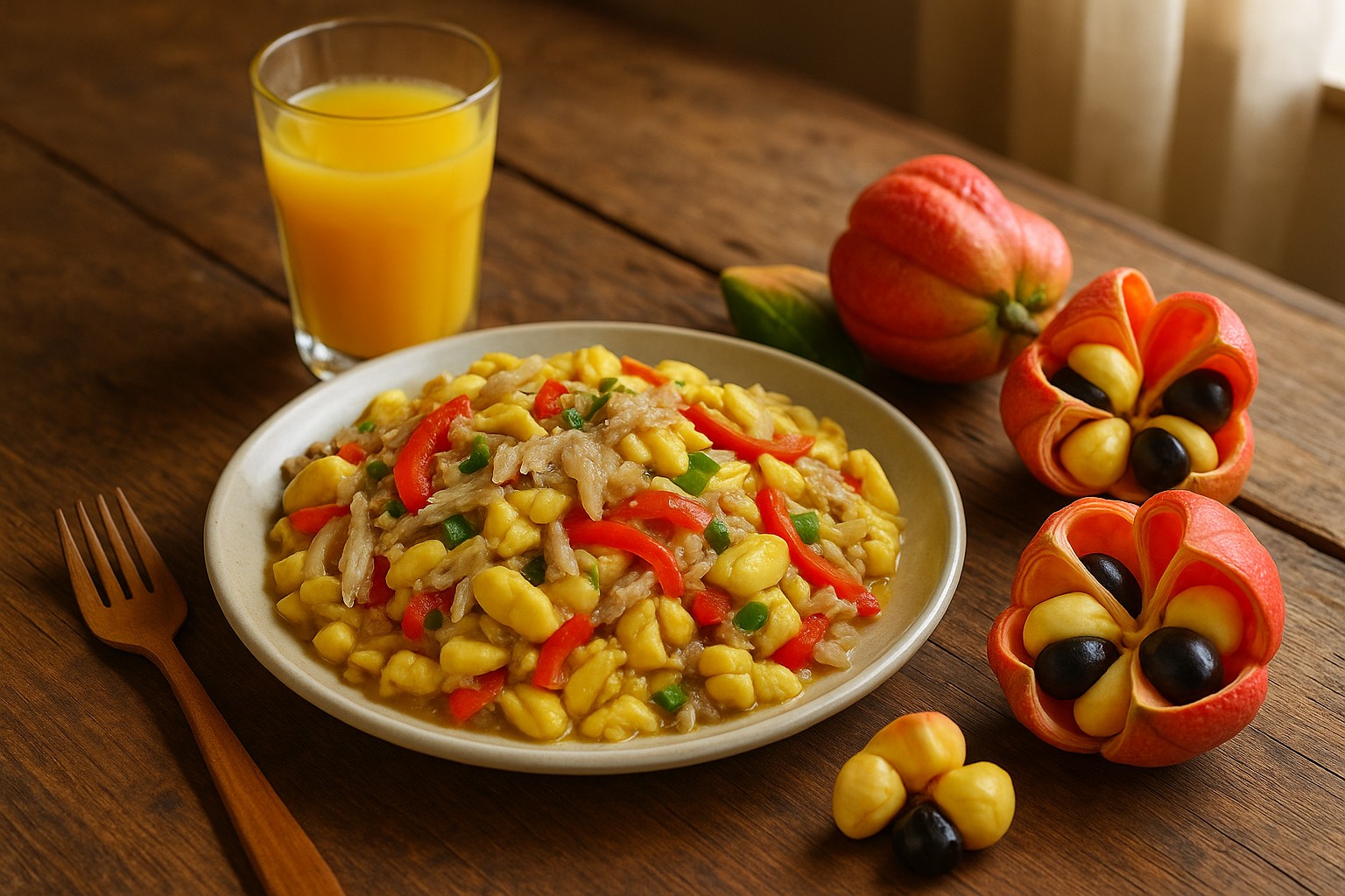 Ein Teller mit Jamaikas Nationalgericht „Ackee and Saltfish“ steht auf einem rustikalen Holztisch, daneben frisch geöffnete Ackee-Früchte und ein Glas Mangosaft.