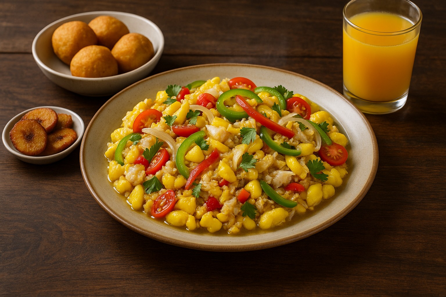 Traditionelles jamaikanisches Gericht Ackee and Saltfish, serviert auf einem Teller mit Paprika, Tomaten und Zwiebeln, daneben frittierte Dumplings, gebratene Kochbananen und ein Glas Saft.