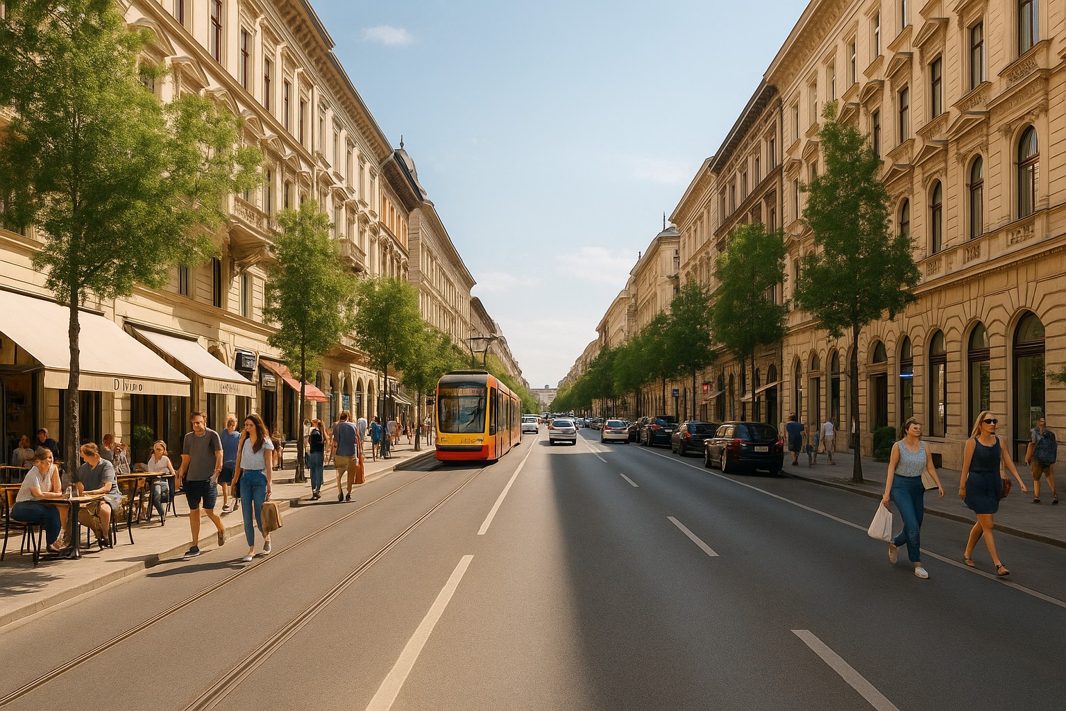 Andrássy-Straße im heutigen Budapest: Moderne Straßenbahn fährt zwischen eleganten historischen Fassaden, flankiert von Straßencafés, Autos und Passanten unter sommerlicher Sonne.
