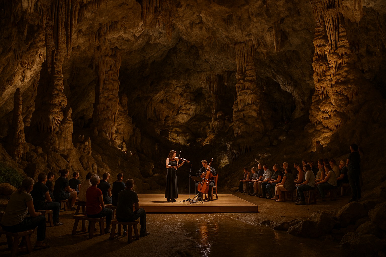 Konzert im Baradla-Höhlensystem in Ungarn: Eine Geigerin und ein Cellist spielen auf einer kleinen Holzplattform, umgeben von gewaltigen Tropfsteinformationen, während das Publikum aufmerksam zuhört.