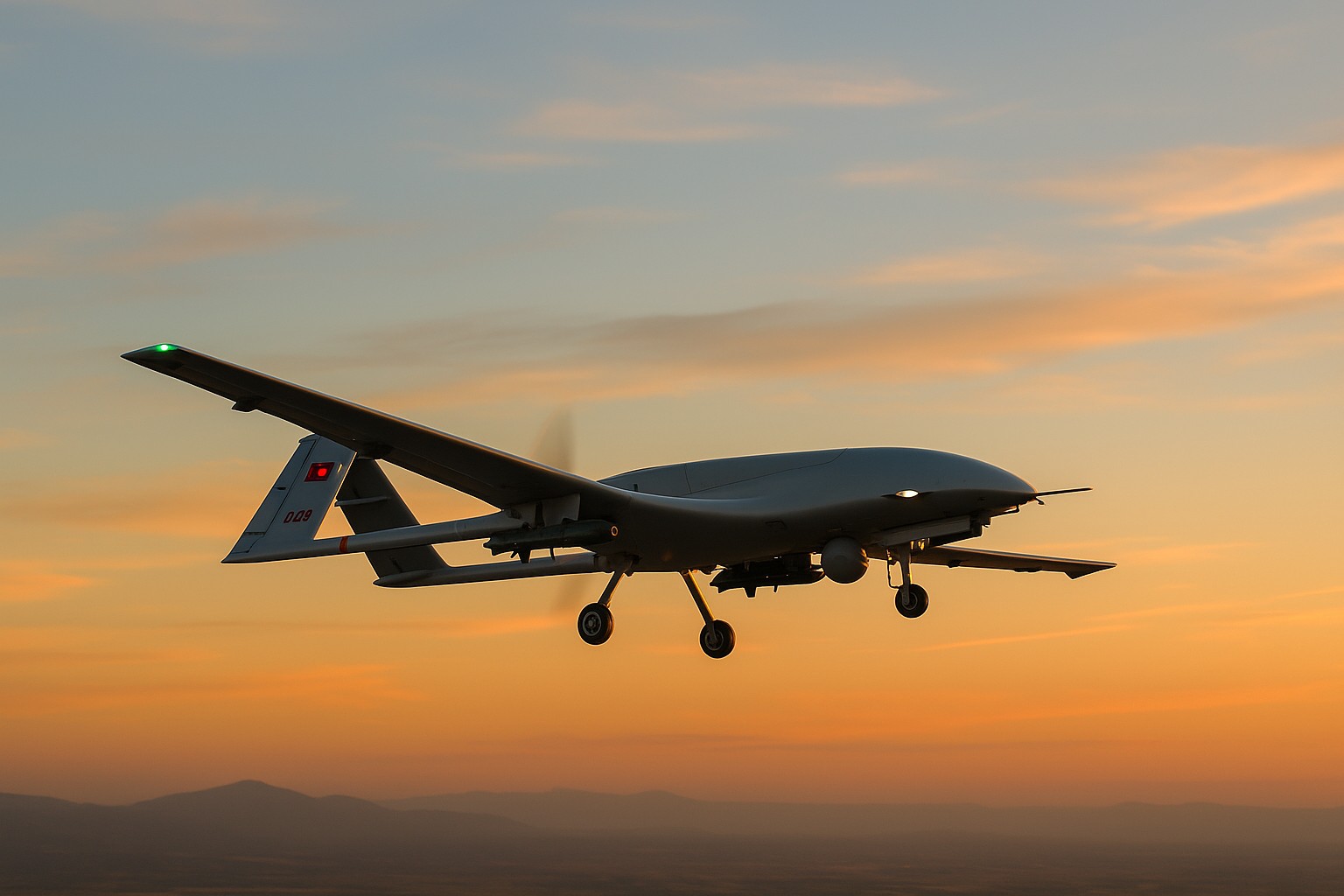 Eine türkische Bayraktar TB2-Drohne fliegt während des Sonnenuntergangs über eine hügelige Landschaft, ihre graue Silhouette hebt sich vor dem orange-blauen Himmel ab, mit klar erkennbarer türkischer Flagge am Heck.