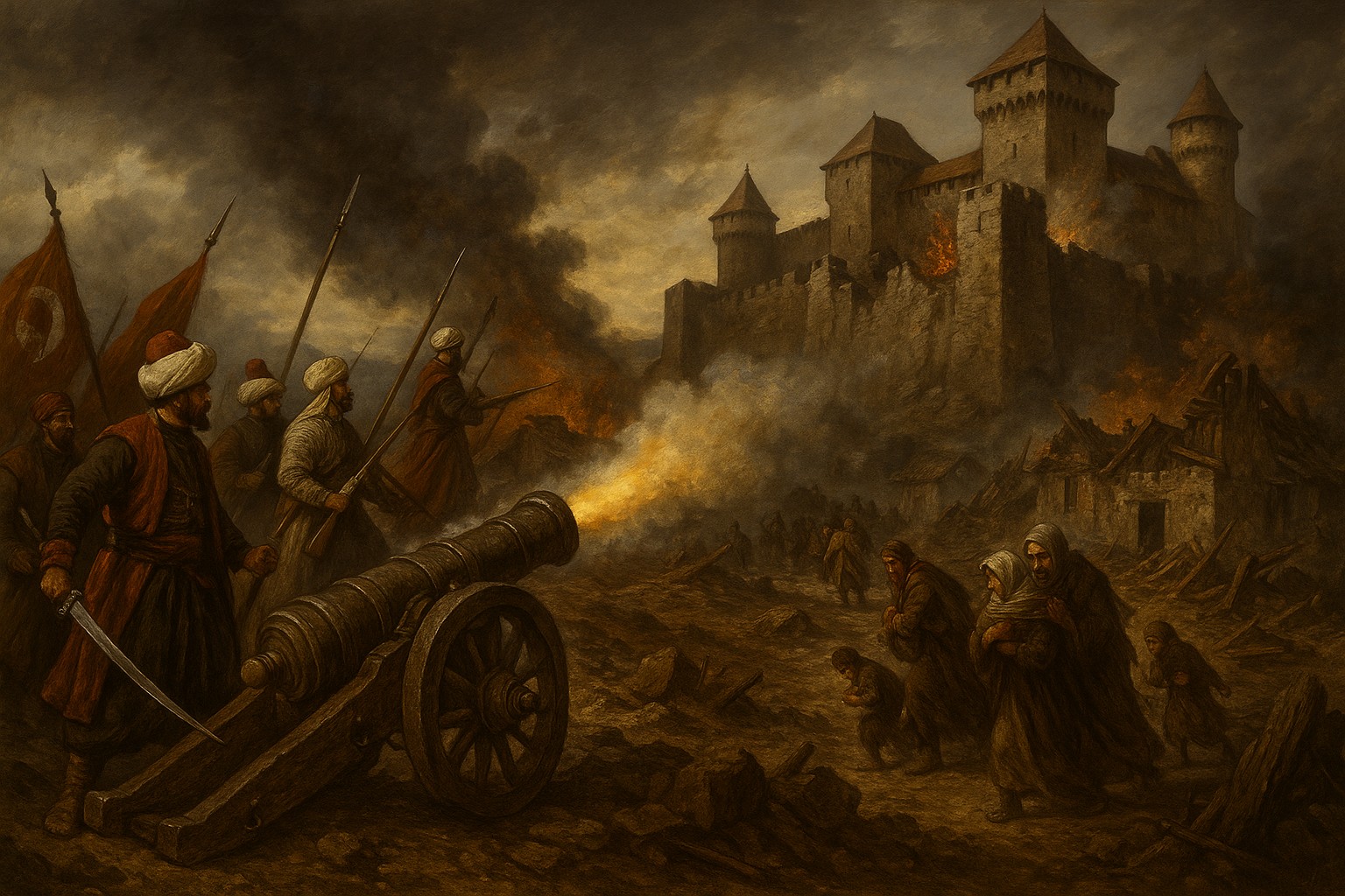 Historische Darstellung einer osmanischen Belagerung in Ungarn: Janitscharen mit Kanone greifen eine Festung an, während Rauch und Flammen aus den Mauern aufsteigen und Zivilisten in Angst fliehen.