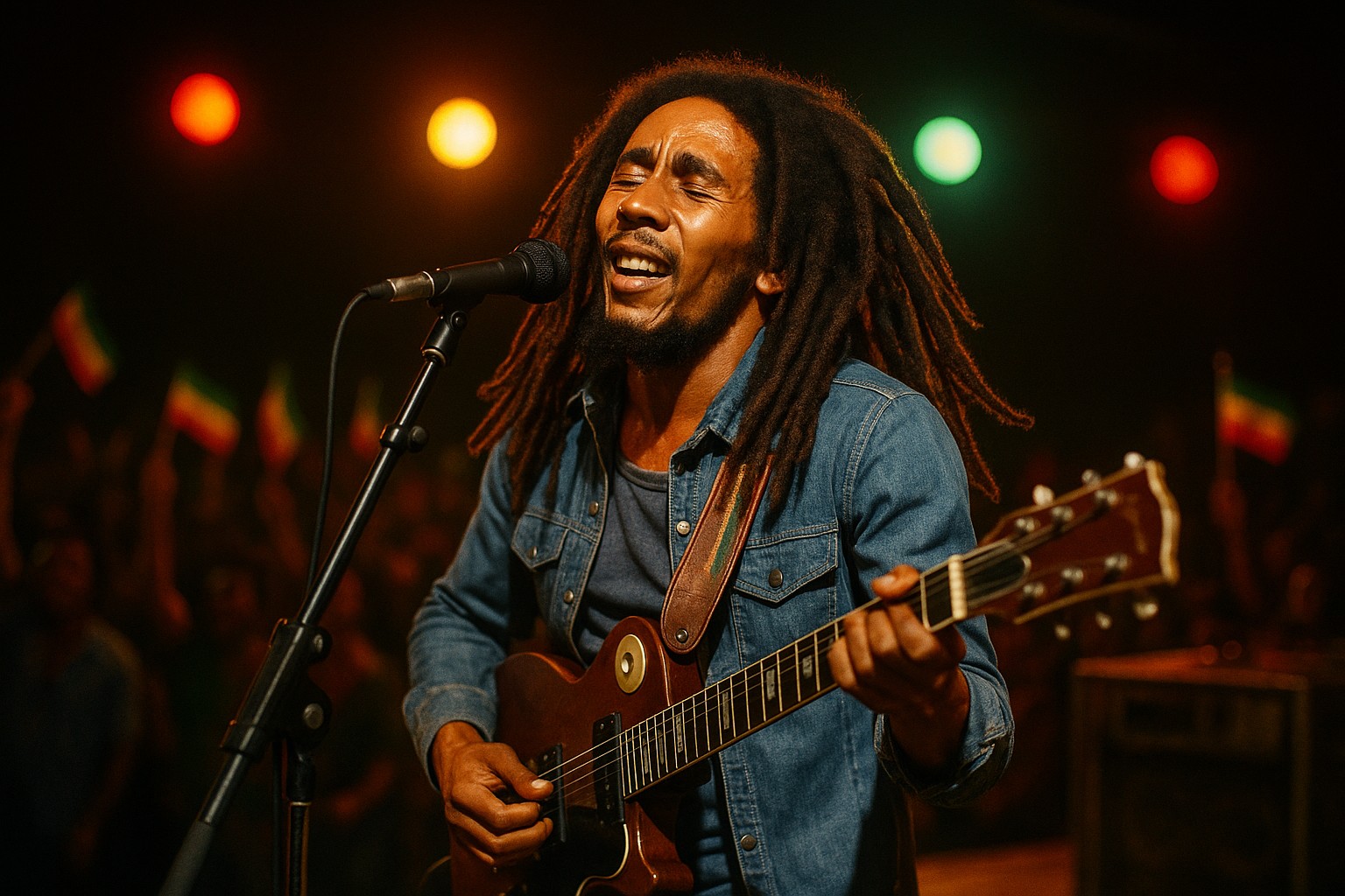 Bob Marley singt leidenschaftlich auf der Bühne, mit geschlossenen Augen und fließenden Dreadlocks, während er seine Gitarre spielt.