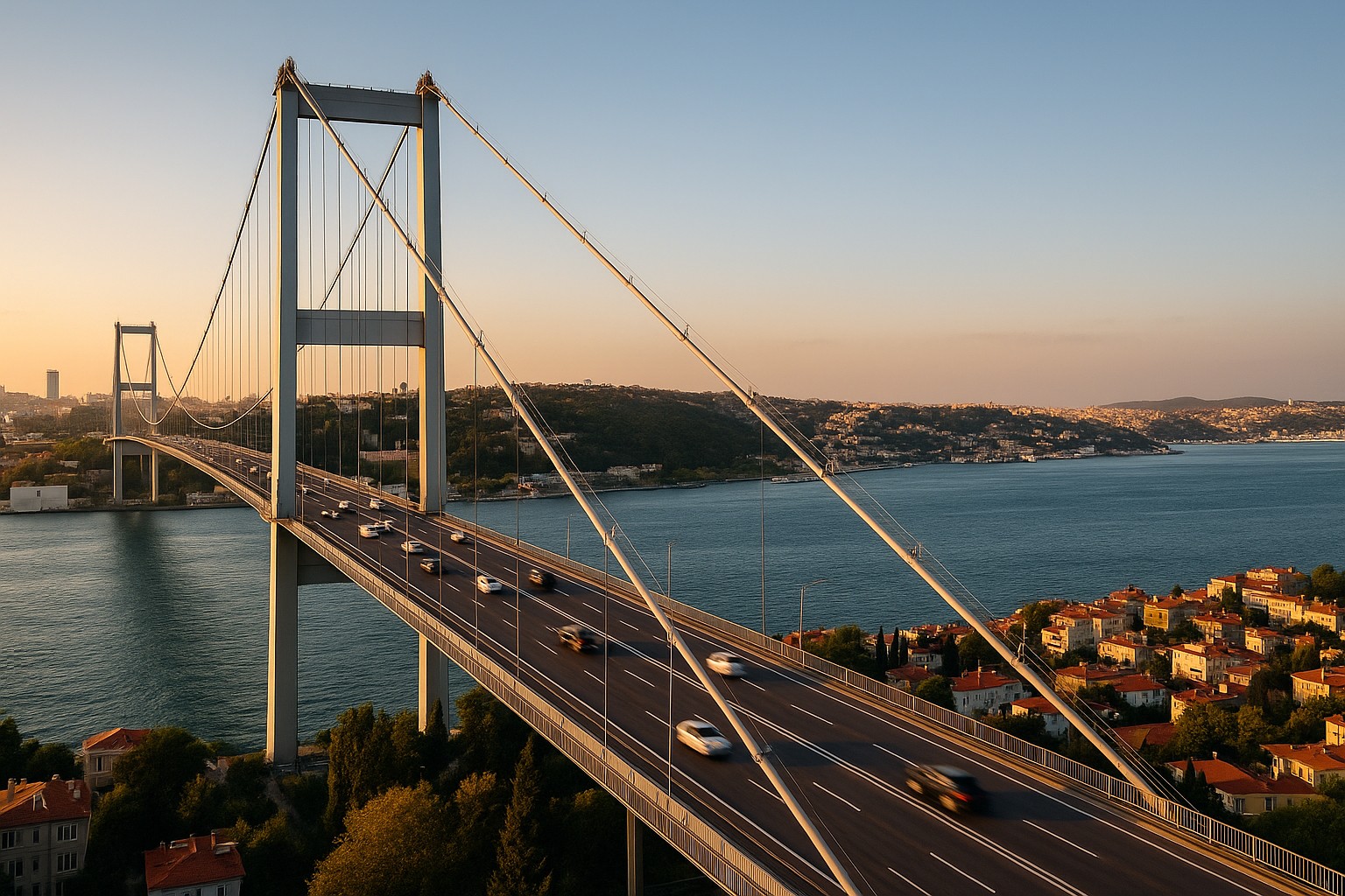 Eine hochauflösende Fotografie der Bosporus-Brücke in Istanbul, die Europa und Asien verbindet, mit fließendem Verkehr und einer klaren Aussicht auf das Wasser und die umliegende Stadtlandschaft.