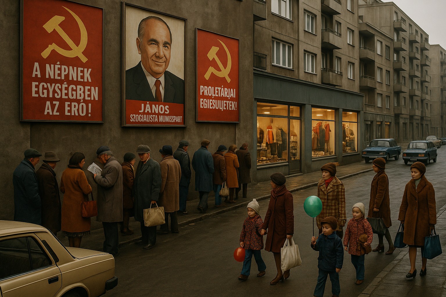 Straßenszene in Budapest der 1970er-Jahre: Menschen stehen in einer Schlange vor einem Laden mit Konsumgütern, Kinder mit bunten Ballons laufen vorbei, während große kommunistische Propagandaplakate mit János Kádár und Hammer-und-Sichel-Symbolen die grauen Gebäude dominieren.