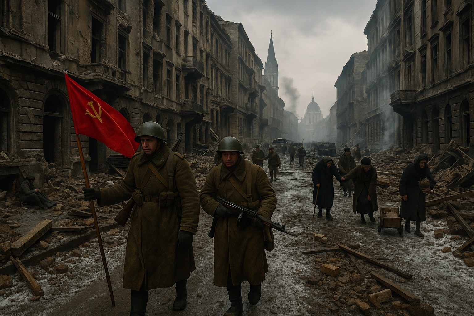 Straßenszene in Budapest nach dem Zweiten Weltkrieg: zerstörte Gebäude, Trümmer und Rauch, sowjetische Soldaten mit roter Fahne marschieren, Zivilisten bewegen sich mühsam durch die Ruinen.