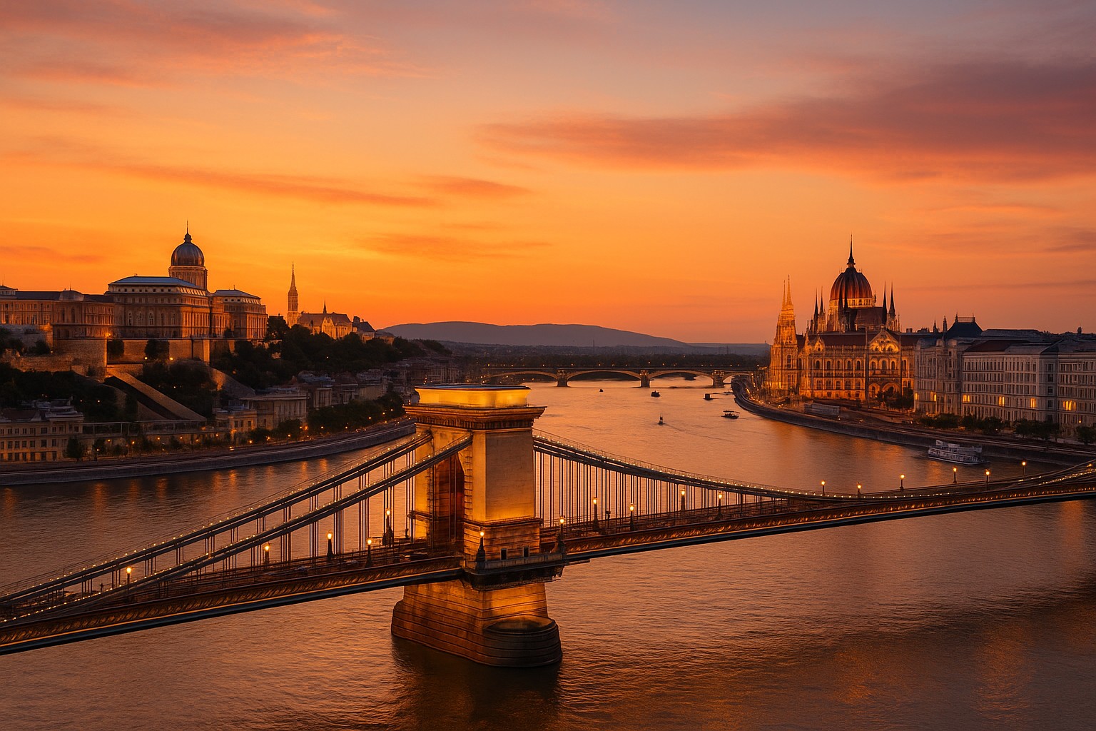 Panoramablick bei Sonnenuntergang über die Donau in Budapest mit der beleuchteten Kettenbrücke im Vordergrund, der Budaer Burg links und dem ungarischen Parlament rechts.