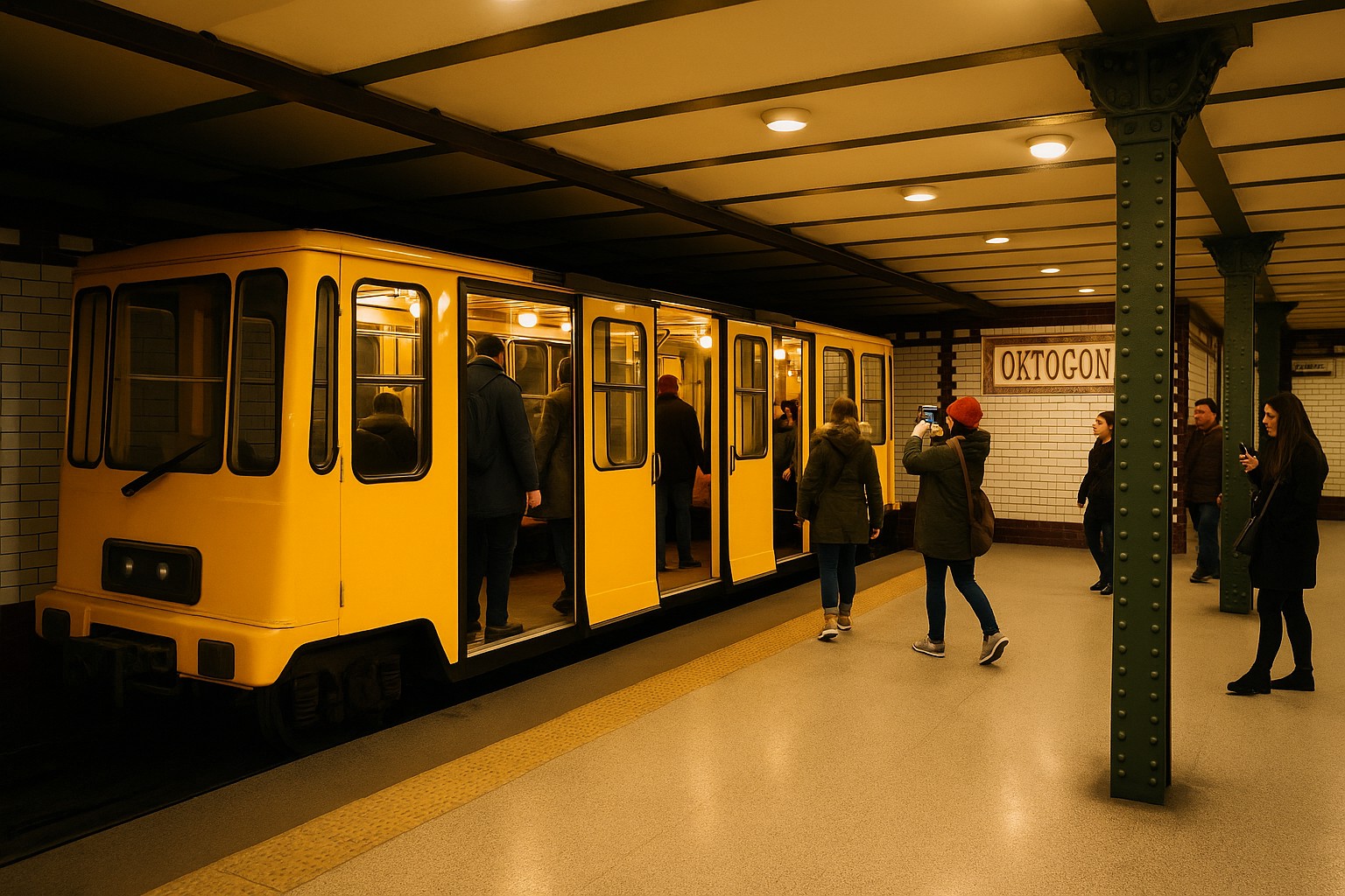 Historische U-Bahn-Station Oktogon in Budapest mit einer gelben Metro-Linie M1, die am Bahnsteig hält. Fahrgäste steigen ein und aus, während grüne gusseiserne Säulen und weiße Fliesen die Szene prägen.