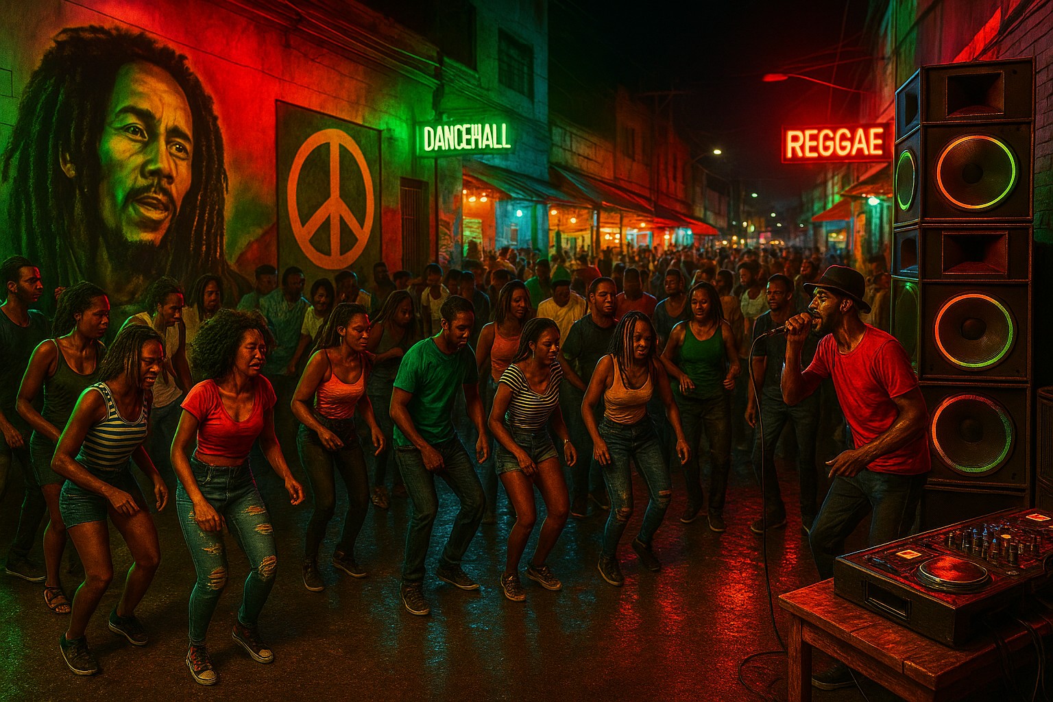 Nächtliche Straßenszene in Kingston, Jamaika: Eine große Menschenmenge tanzt zu Dancehall-Musik vor bunten Graffitis und unter roten und grünen Neonlichtern, während ein Sänger neben riesigen Lautsprechern performt.