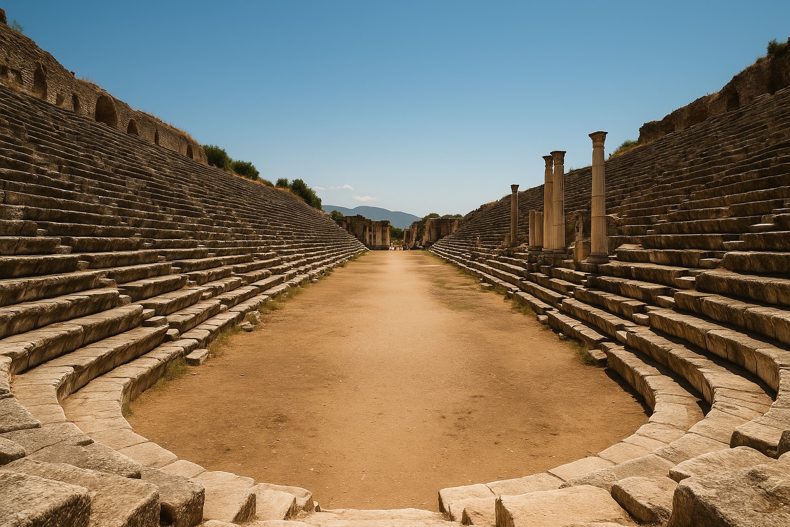 Das antike Stadion von Aphrodisias in der Türkei mit gut erhaltenen Marmorsäulen, langen Tribünen und einem offenen Feld, das noch heute die Größe und Pracht der römischen Architektur zeigt.