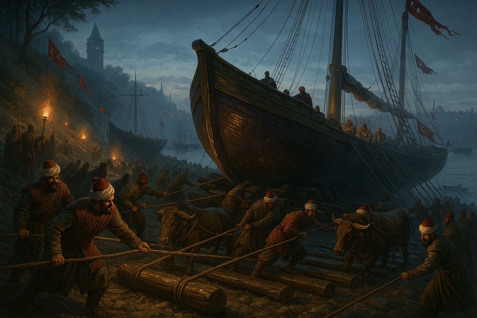 Historische Darstellung osmanischer Soldaten, die im Jahr 1453 Schiffe auf hölzernen Rollen über Land ziehen, begleitet von Ochsen und Fackellicht, während im Hintergrund der Goldene Horn und die Mauern von Konstantinopel sichtbar sind.