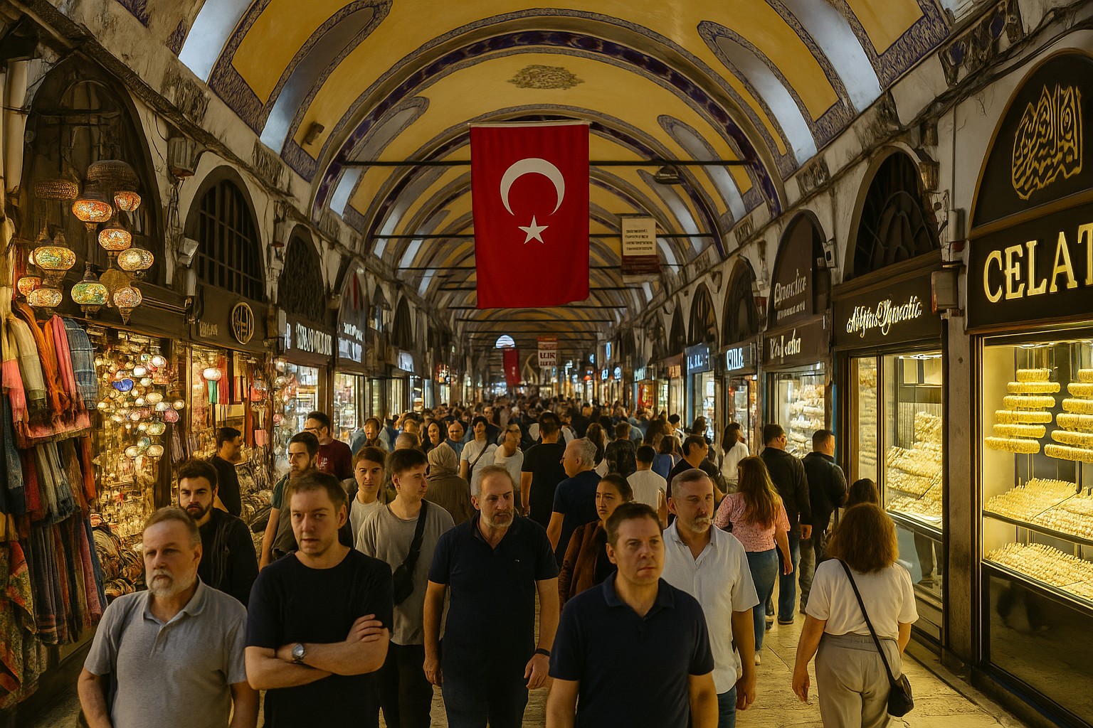 Eine lebendige Szene im Großen Basar von Istanbul, mit geschäftigen Gängen voller Menschen, bunten Geschäften und orientalischen Lampen, die ein warmes Licht verbreiten.