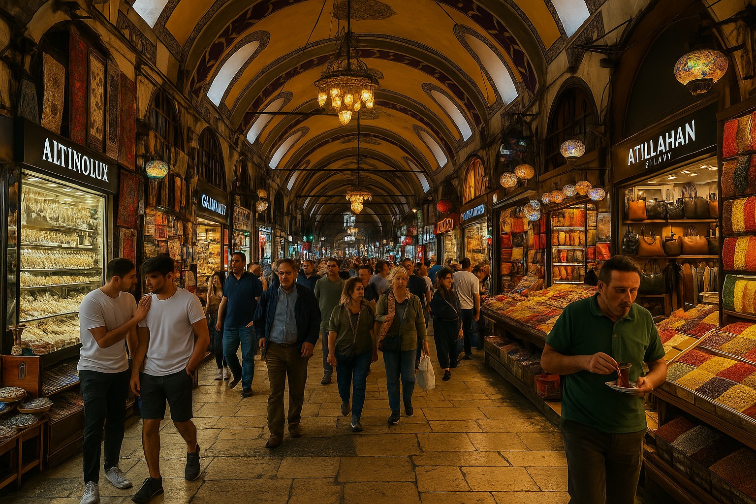 Szene im Großen Basar von Istanbul mit gewölbtem Dach, bunten Läden für Teppiche, Gewürze und Lederwaren sowie vielen Besuchern in lebendiger Atmosphäre.