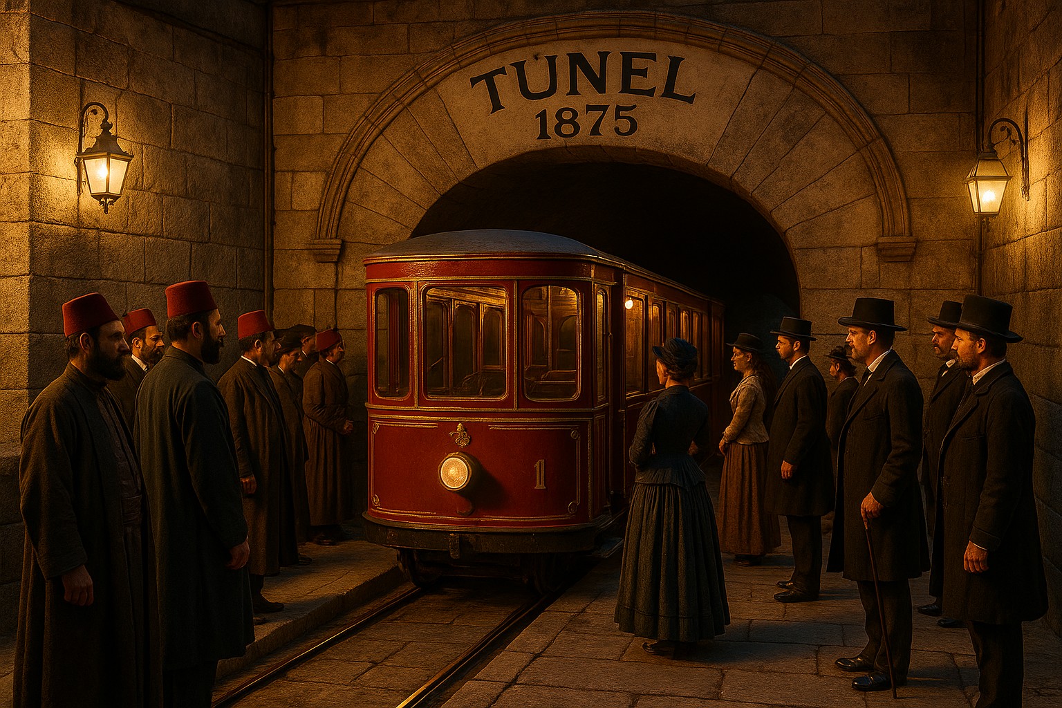 Historische Darstellung der Eröffnung des Istanbuler Tünels im Jahr 1875 – ein hölzerner, rot gestrichener Funikularwagen am Tunneleingang, mit osmanischen Männern in Fes und europäischen Herren in Anzügen.