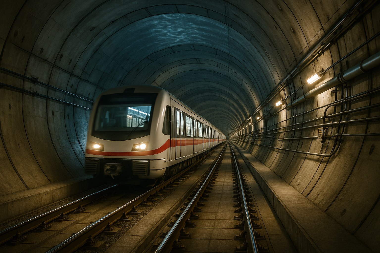 Moderner Zug fährt durch den Marmaray-Tunnel unter dem Bosporus, umgeben von Betonwänden, Kabeln und fluoreszierender Beleuchtung.