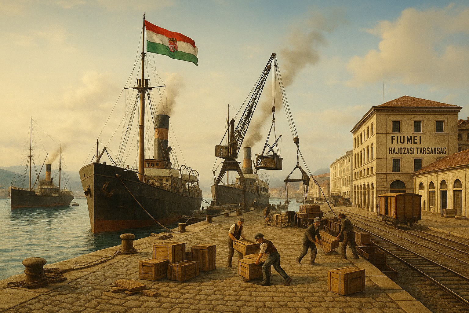 Historischer Hafen von Fiume (heute Rijeka) im frühen 20. Jahrhundert, mit dampfenden Schiffen, Arbeitern, die Holzkisten verladen, und dem Gebäude „Fiumei Hajózási Társaság“.