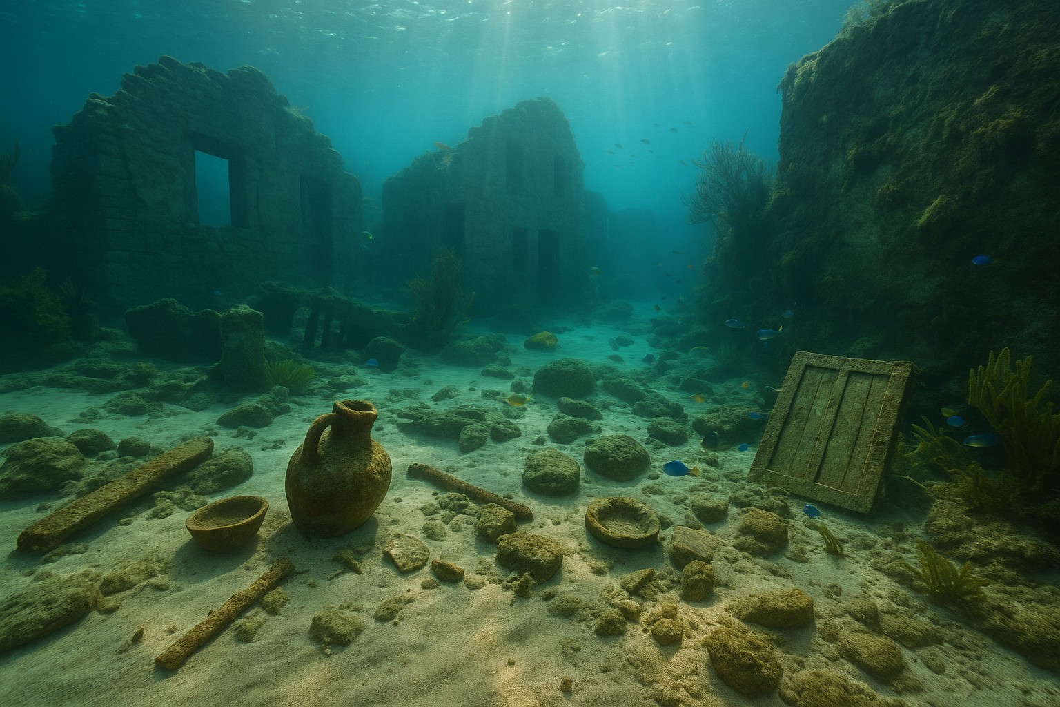 Unterwasseraufnahme der versunkenen Stadt Port Royal mit Steinruinen, zerbrochenen Tonkrügen und hölzernen Trümmern, umgeben von bunten Fischen und Seegras im karibischen Meer.