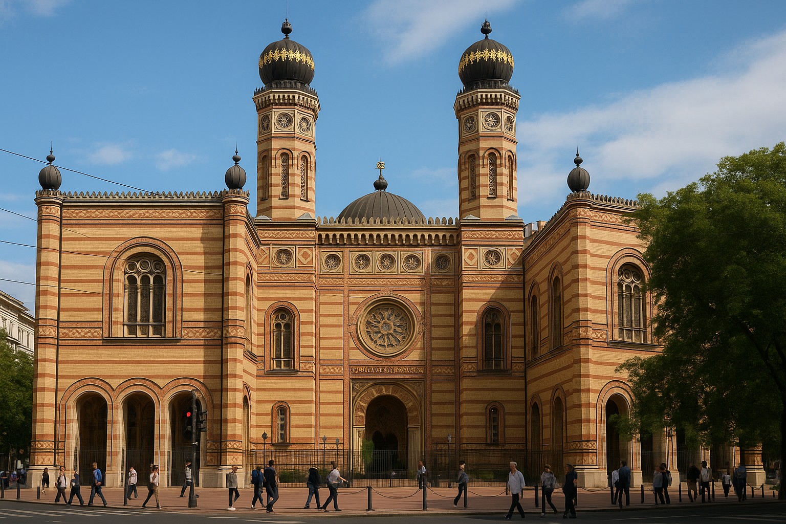 Dohány-Straße-Synagoge in Budapest mit zwei Zwiebeltürmen, reicher maurischer Ornamentik und sonnendurchfluteter Fassade, während Fußgänger die Straße überqueren.