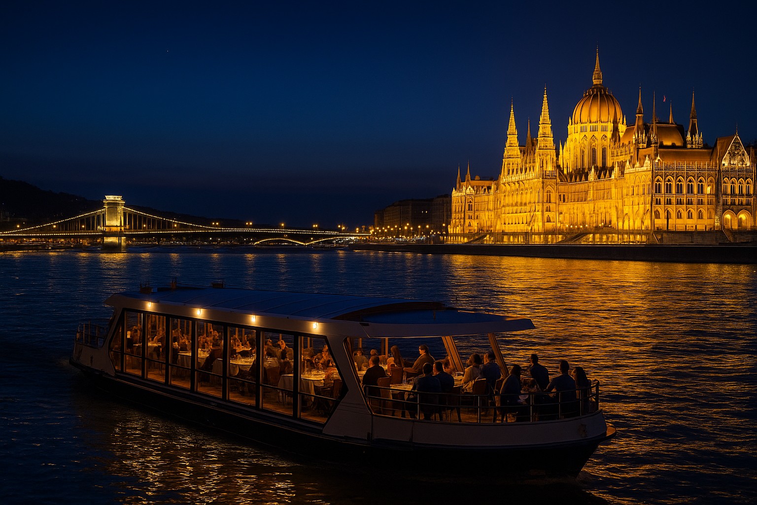 Abendliche Bootsfahrt auf der Donau in Budapest, beleuchtetes Parlamentsgebäude und Kettenbrücke spiegeln sich im Wasser, während Gäste im Dinner-Cruise speisen.