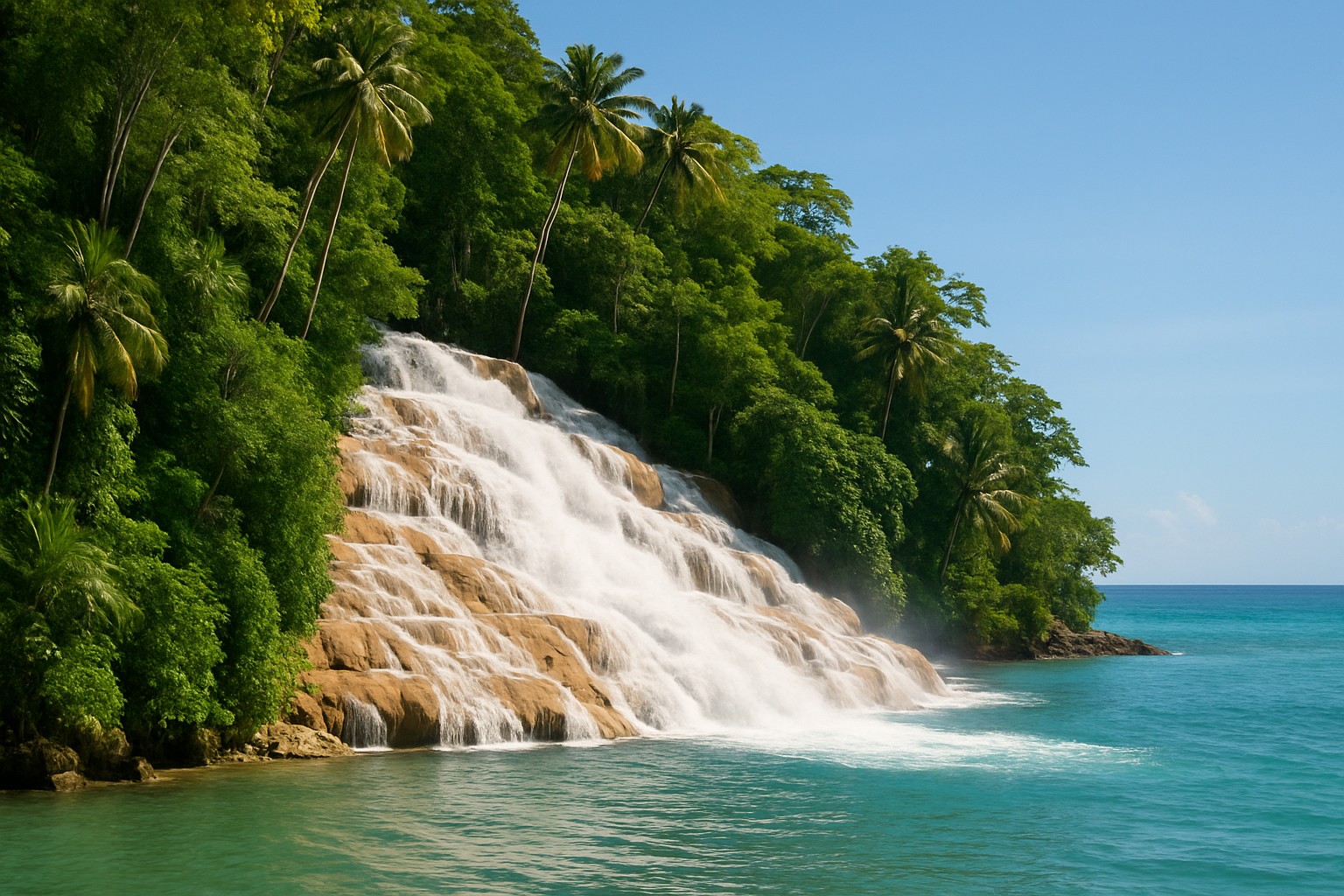 Dunn’s River Falls in Jamaika stürzt über weiße Kalkstein-Terrassen direkt ins türkisfarbene Karibische Meer, eingerahmt von dichter tropischer Vegetation.